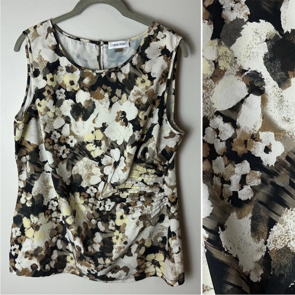 Calvin Klein Tops - Calvin Klein Sleeveless Blouse Size XL Top Floral Brown Black Tan White Yellow